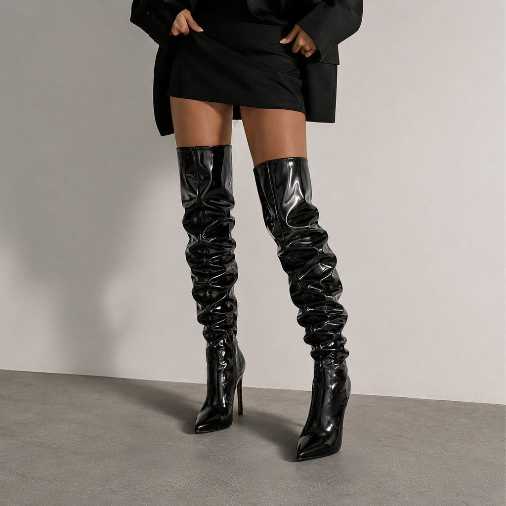 VANTA black patent over-the-knee boots, styled look