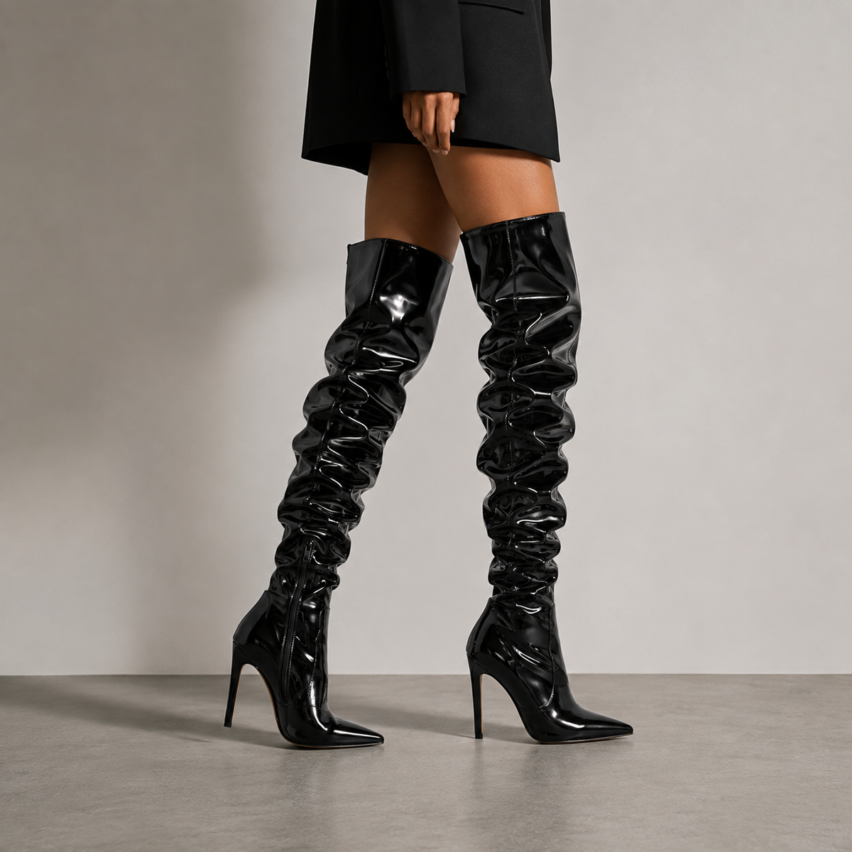 VANTA, women's black patent over-the-knee boots, front view