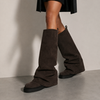 SABLE, women's dark brown suede-effect knee-high boots, front view