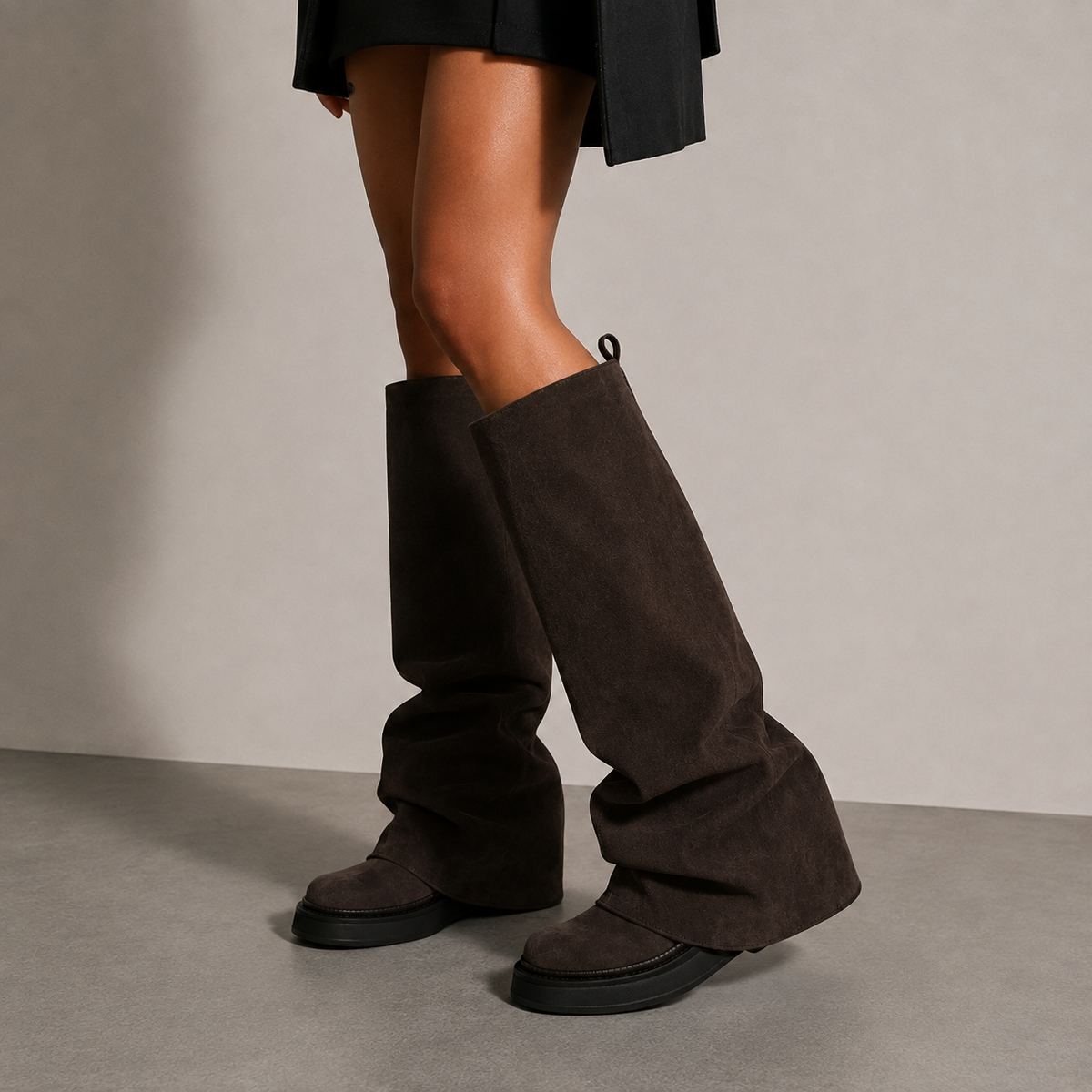 SABLE dark brown knee-high boots, styled look