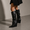 NYX, women's black draped wedge boots, front view