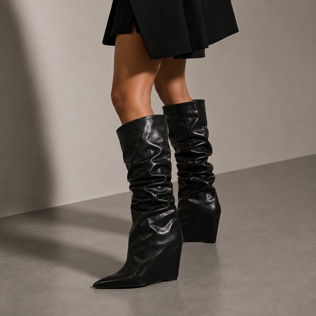 NYX, women's black draped wedge boots, front view