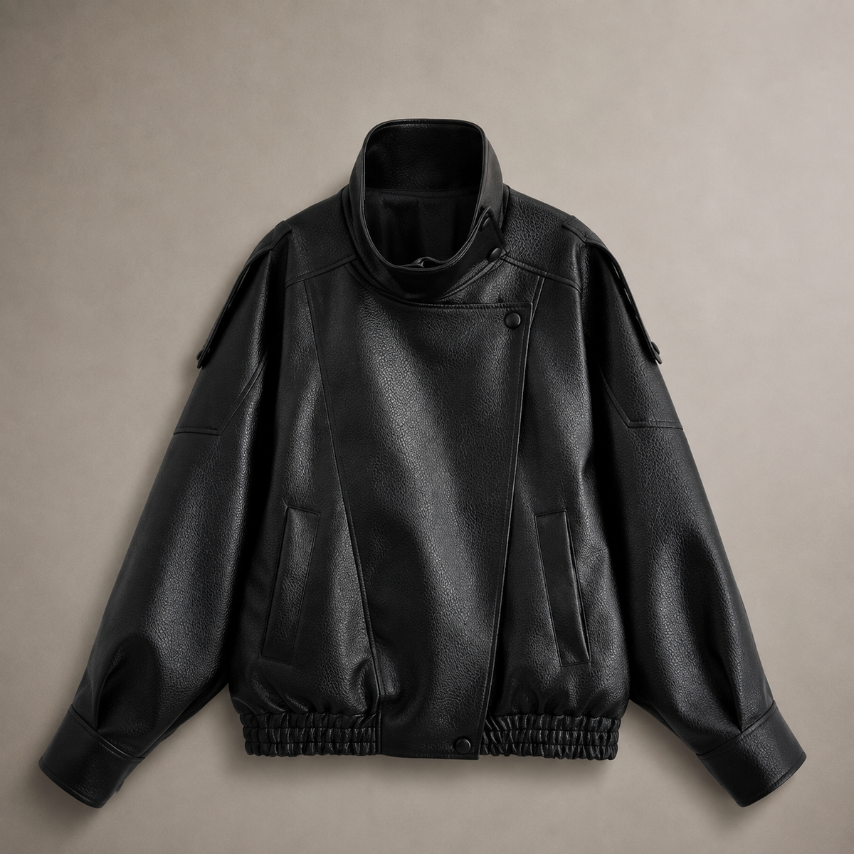 VÉRA leather-look jacket, detail of high stand collar