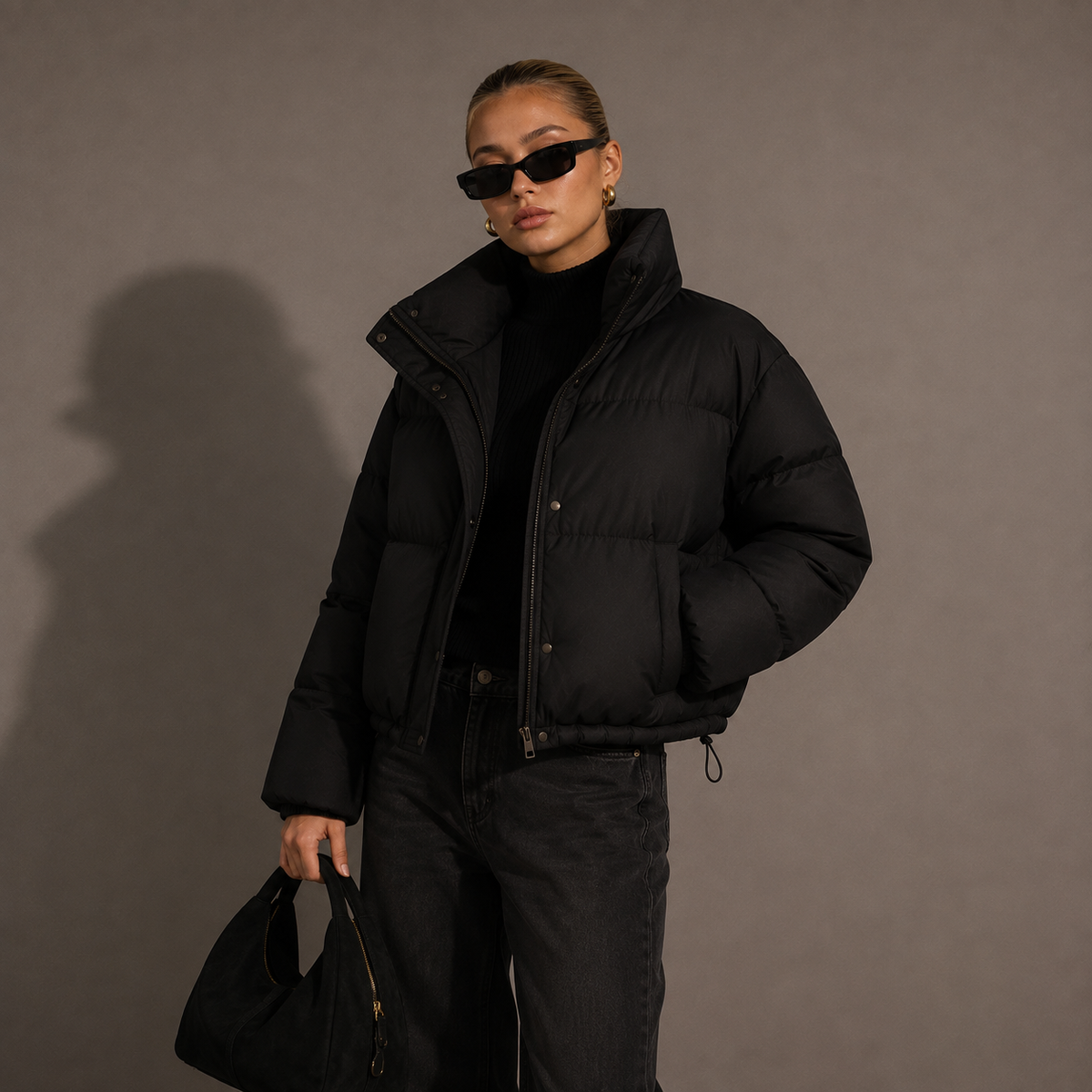 NOVA, women's oversized cropped puffer jacket, front view
