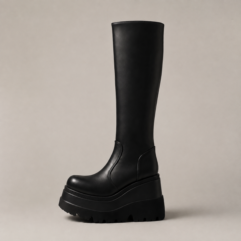 RUNE, women's black platform knee-high boots, front view