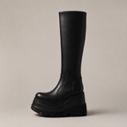 RUNE, women's black platform knee-high boots, front view