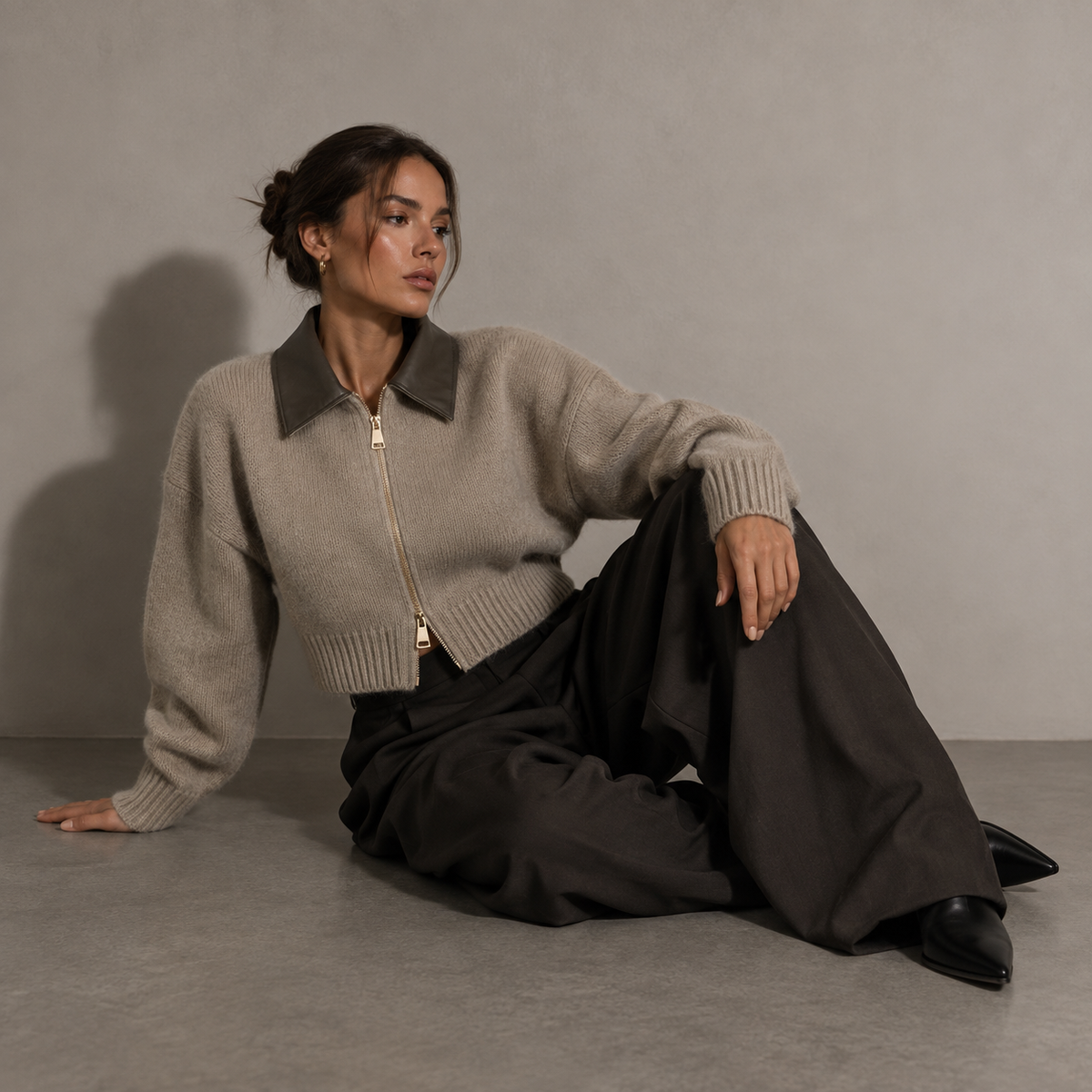 LÉONI, women's cropped knit zip jacket, front view
