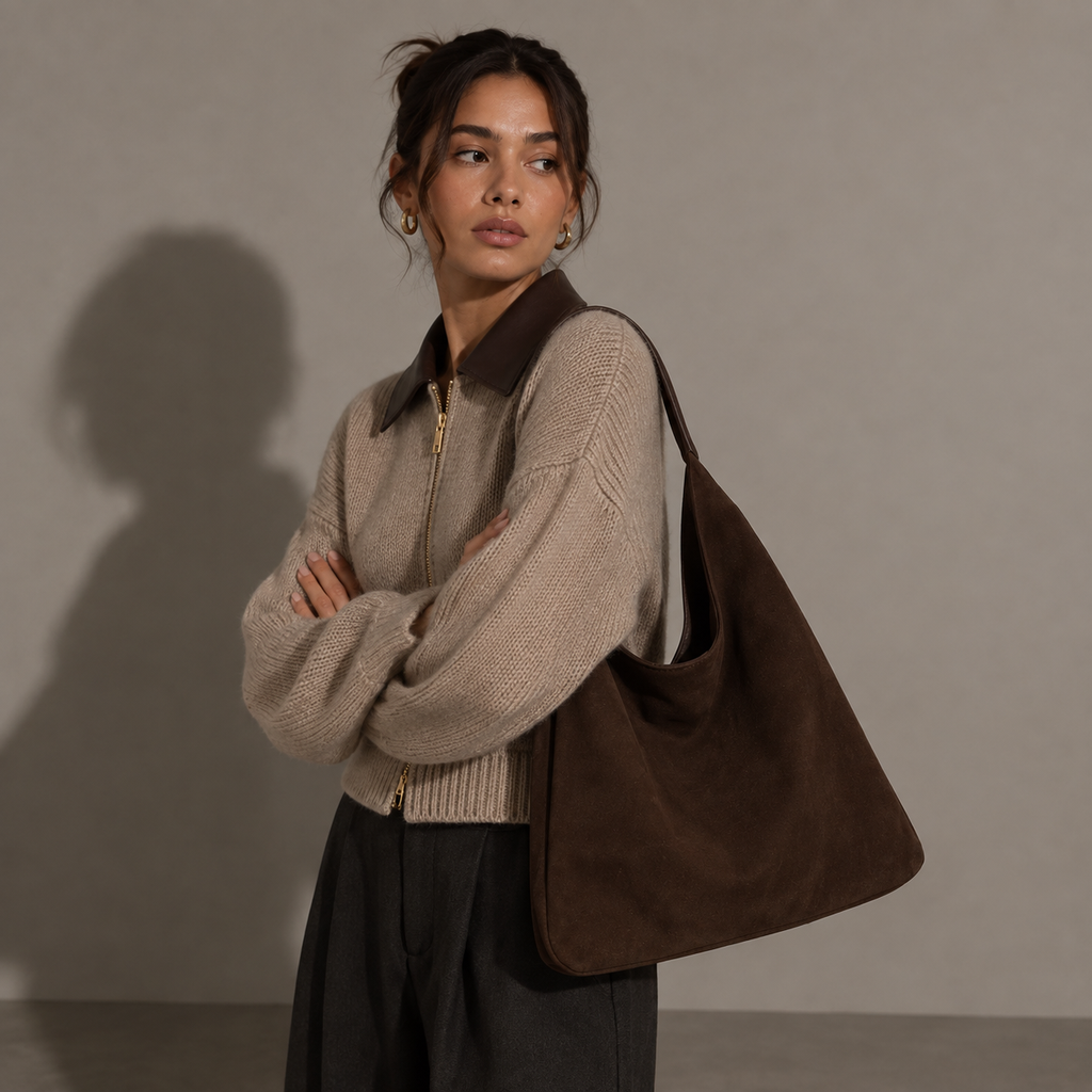 LÉONI taupe cropped knit jacket, styled look