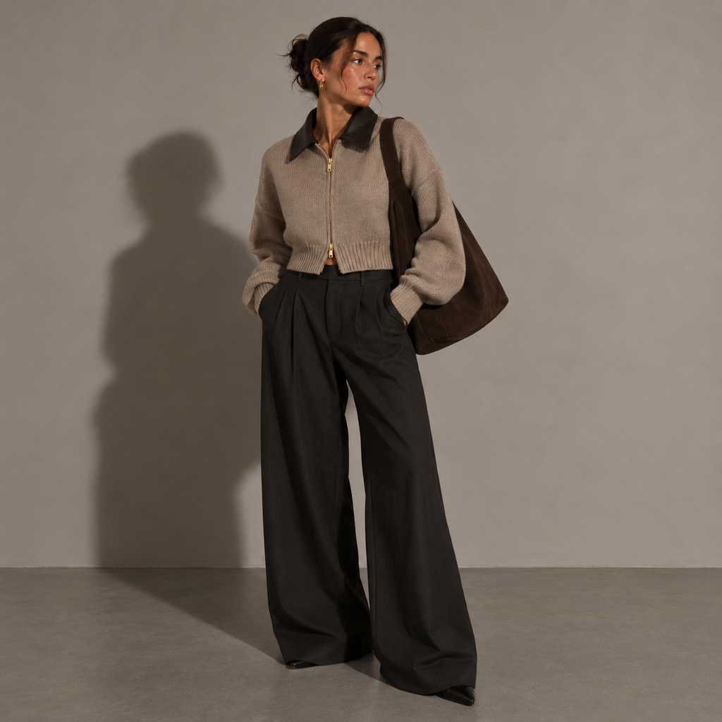LÉONI cropped knit zip jacket, side view
