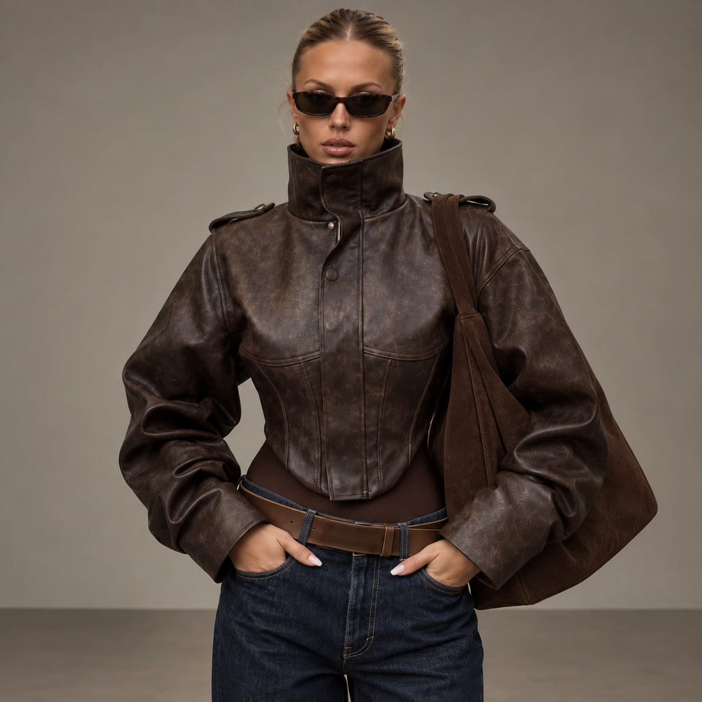 RHEA, women's brown leather-look jacket, front view