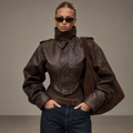 RHEA, women's brown leather-look jacket, front view