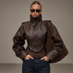 RHEA, women's brown leather-look jacket, front view