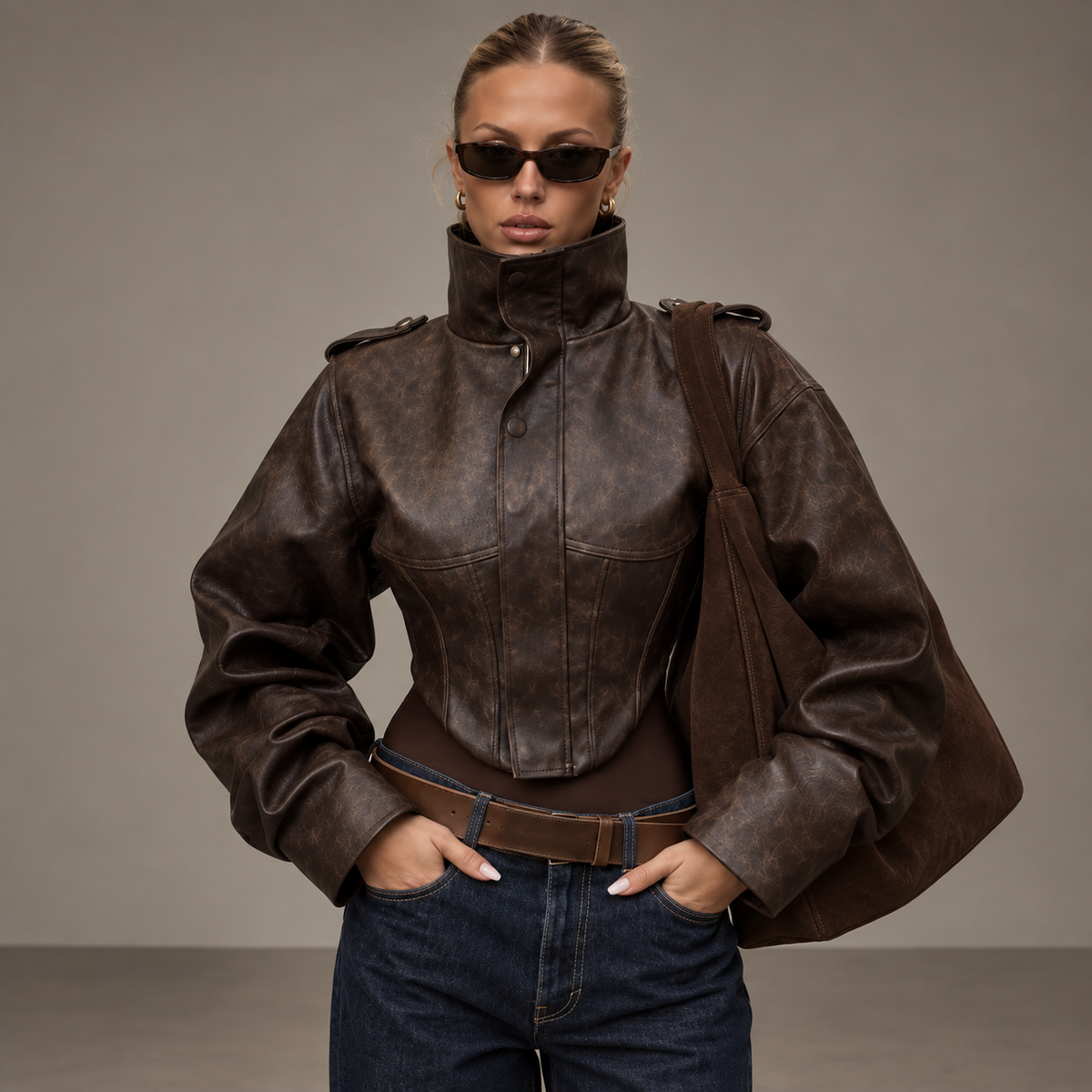 RHEA, women's brown leather-look jacket, front view