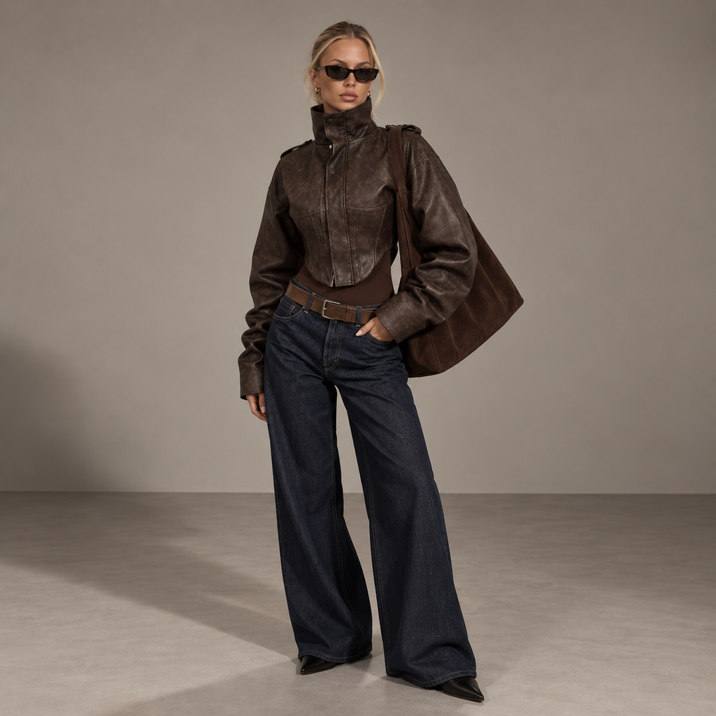 RHEA cropped brown leather-look jacket, side view