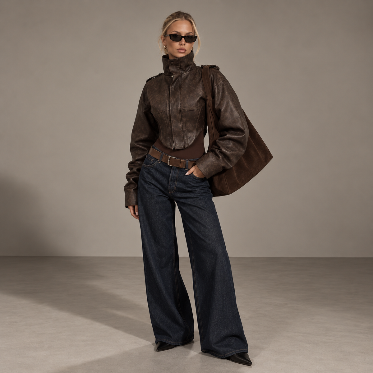 RHEA cropped brown leather-look jacket, side view