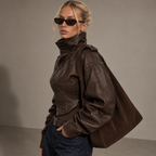 RHEA brown leather-look jacket, detail of high collar