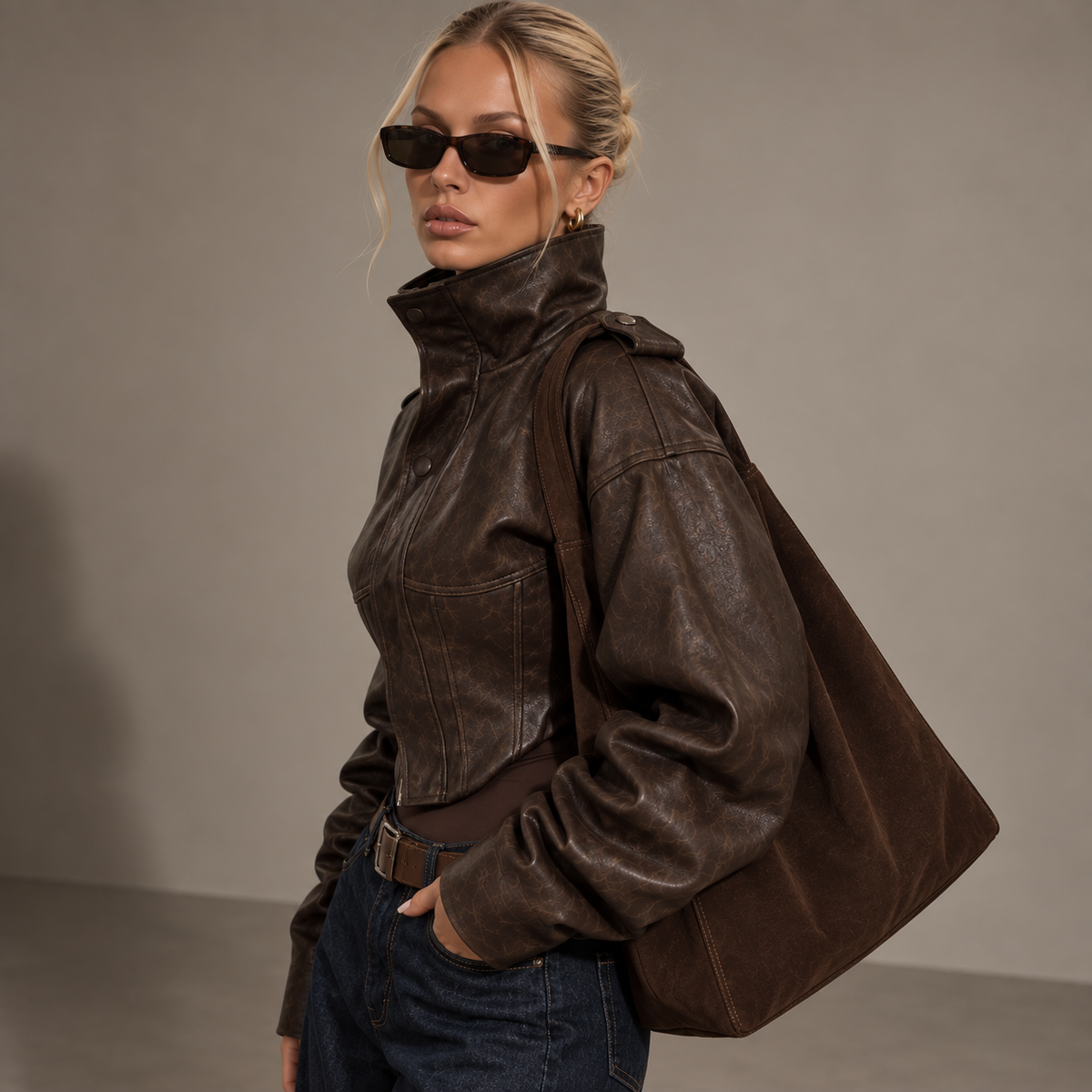 RHEA brown leather-look jacket, detail of high collar