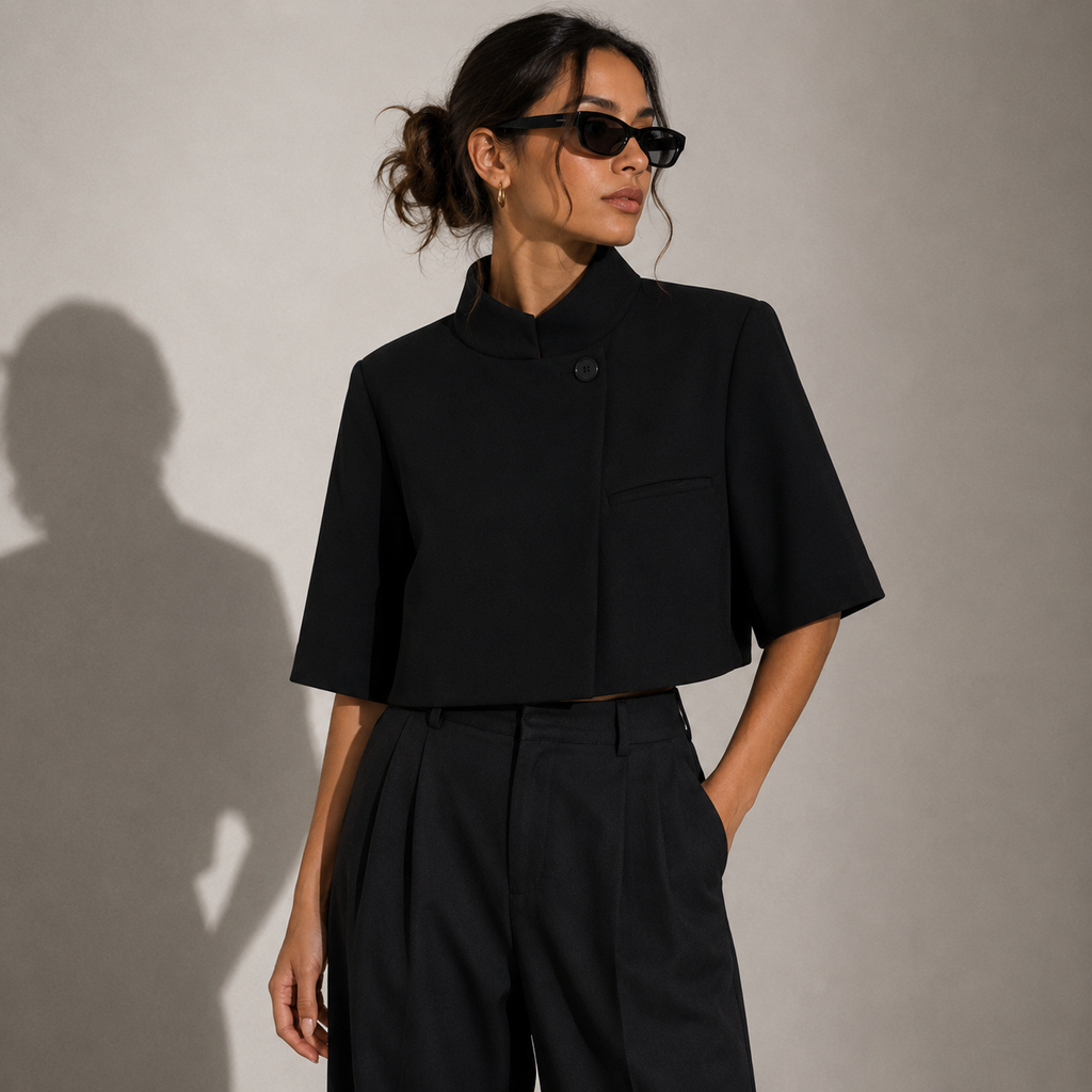 ELYN, women's black cropped jacket with structured stand collar