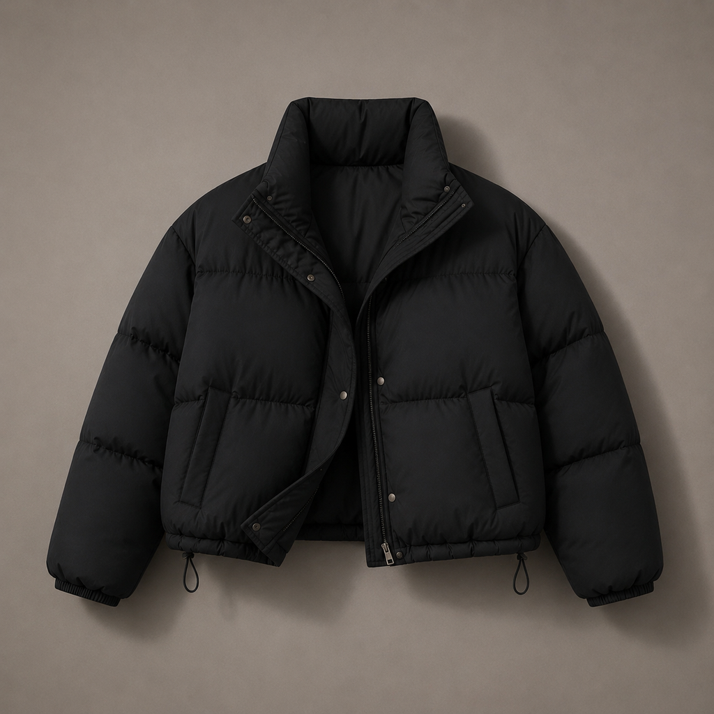 NOVA cropped puffer jacket, detail of stand collar