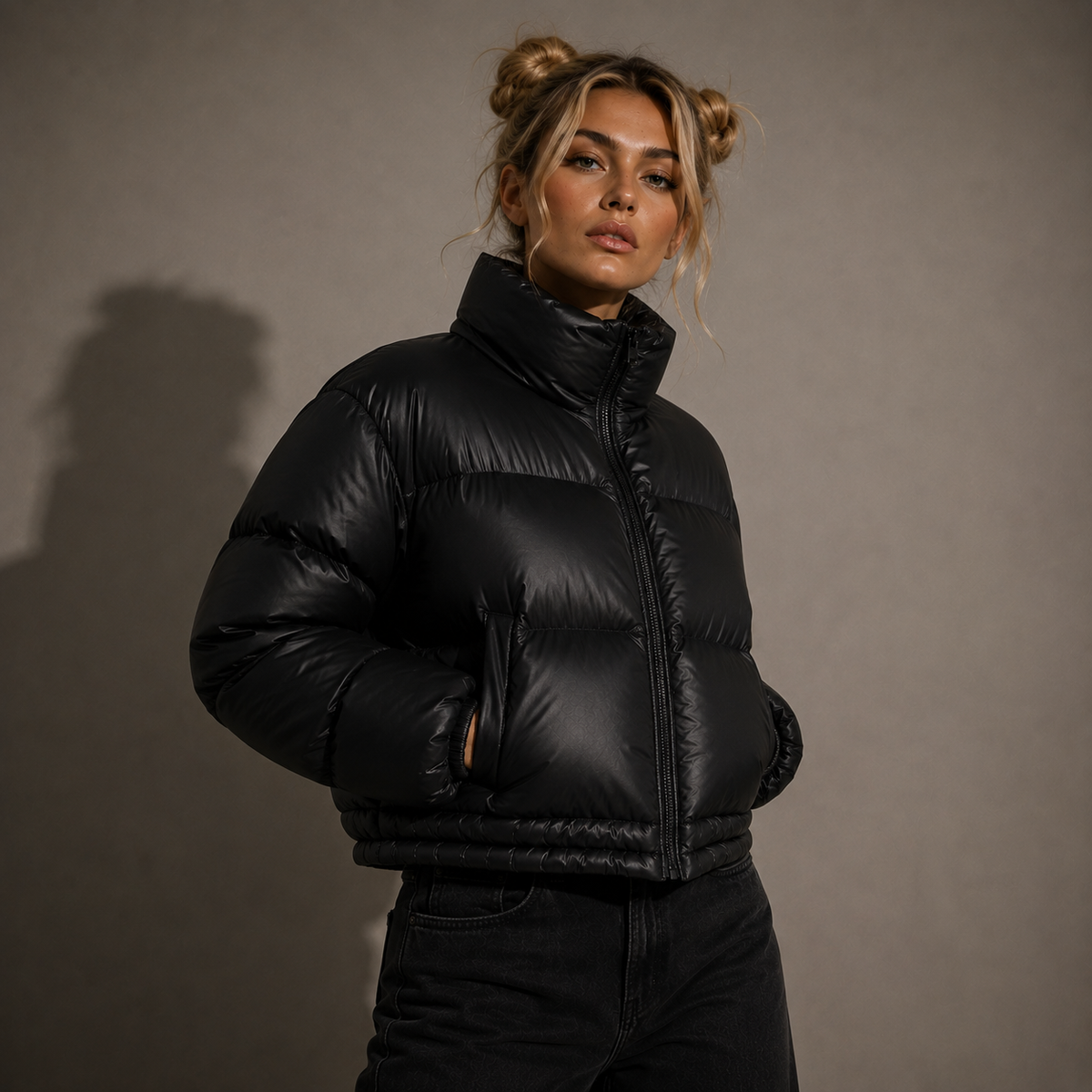 SORA cropped puffer jacket, detail of stand collar
