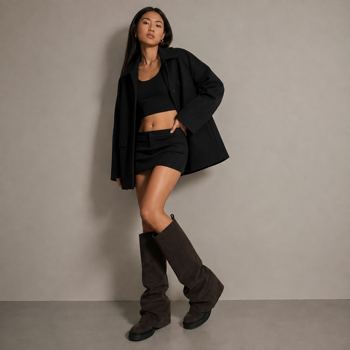 SABLE dark brown suede-effect knee-high boots, side view