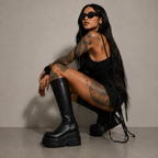 RUNE black platform knee-high boots, styled look