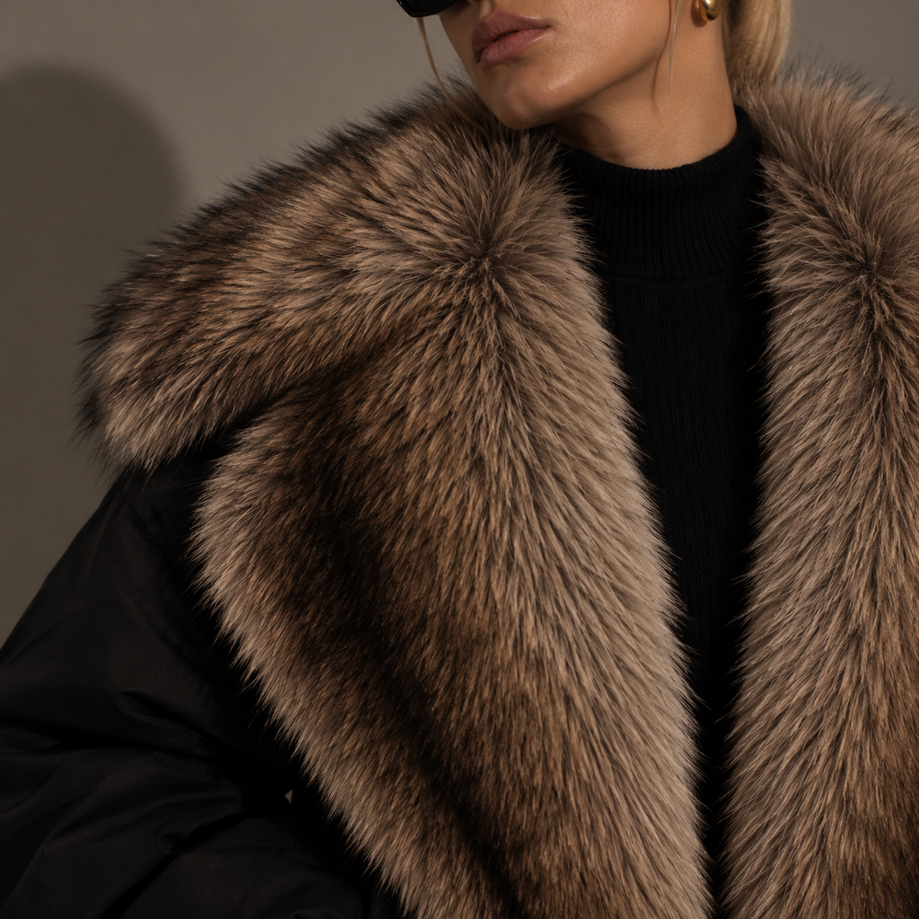 ELARA fur trim jacket, detail of fur-effect collar