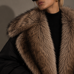 ELARA fur trim jacket, detail of fur-effect collar