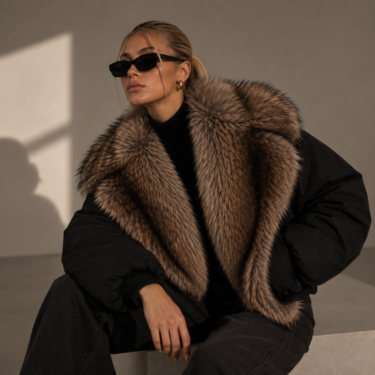 ELARA black jacket with brown fur-effect trim, side view