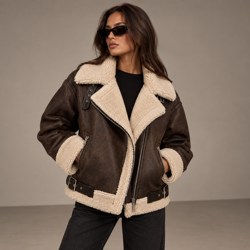 AVEN, women's brown shearling-style aviator jacket, front view