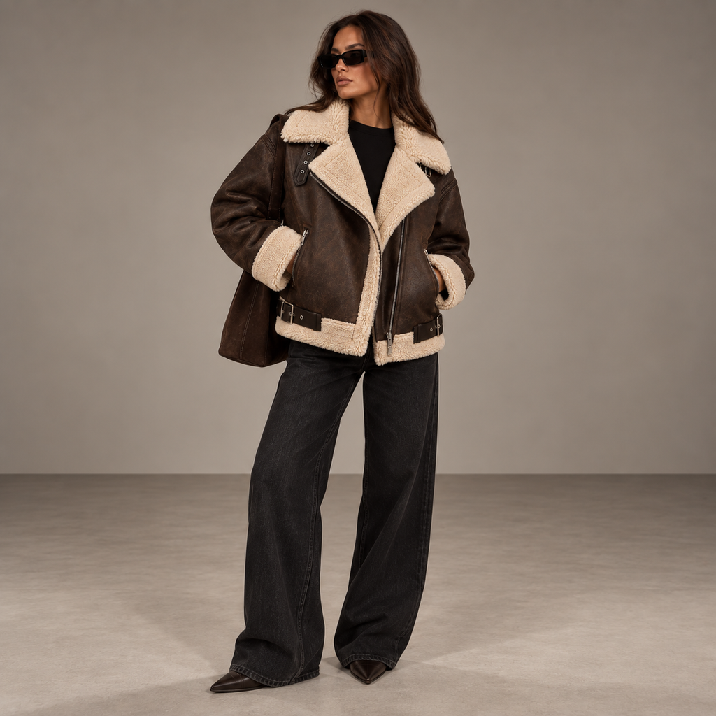 AVEN brown aviator jacket, full-length styled look