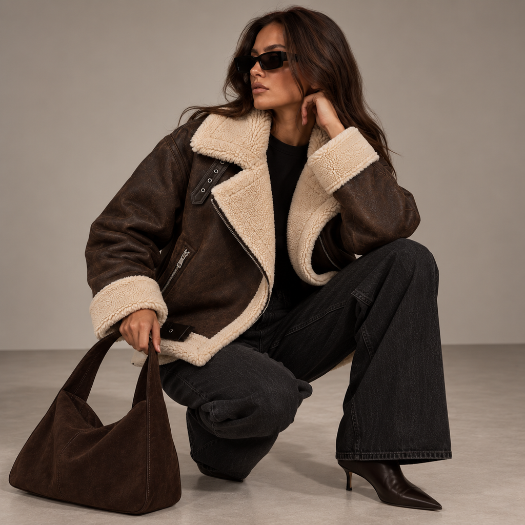 AVEN aviator jacket with contrasting shearling-style trim, editorial shot