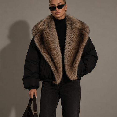 ELARA, black jacket with brown fur-effect collar, front view